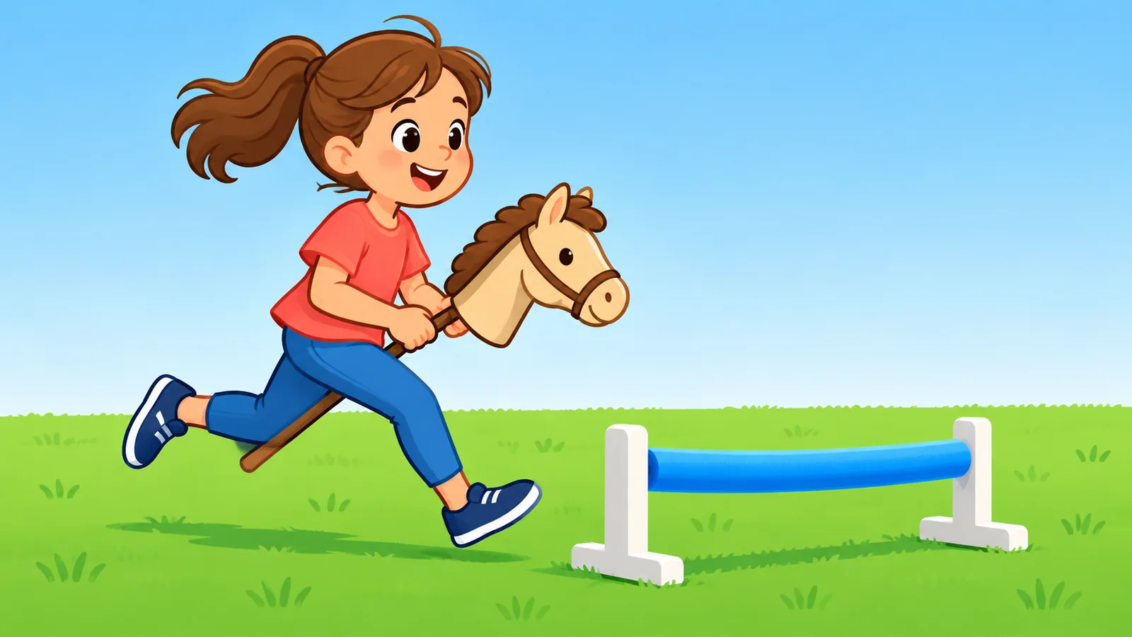 Người mới chạy trên sân cỏ với ngựa gỗ hobby horse hướng về chướng ngại thấp