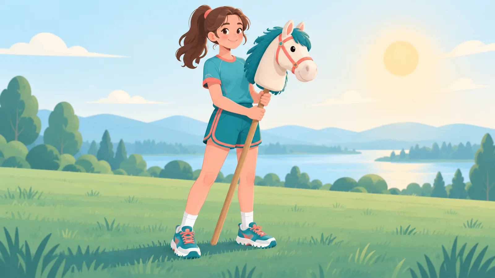 Người chơi cầm hobby horse và mang giày bám tốt trên sân cỏ