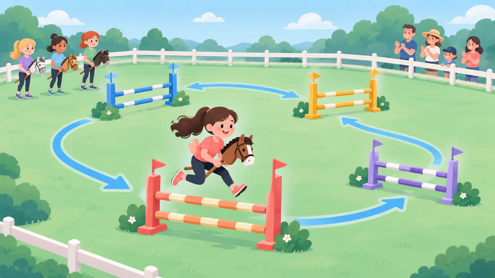 Đường thi nhảy chướng ngại hobby horse với nhiều xà màu sắc