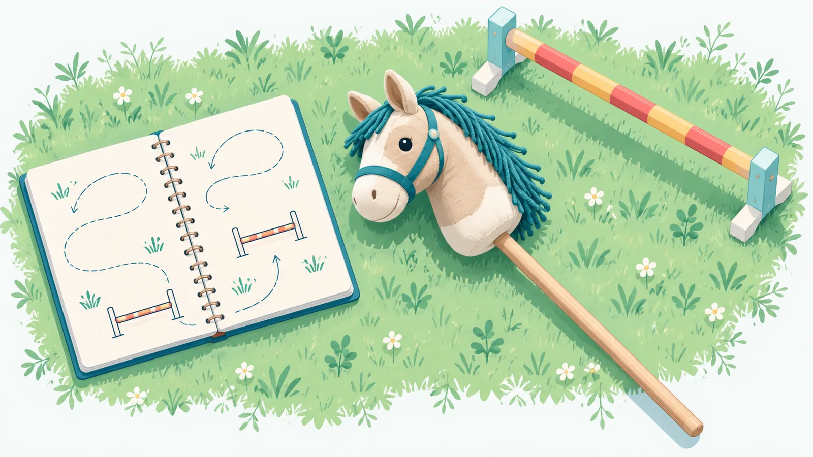 Cuốn sổ ghi chú và hobby horse đặt trên cỏ cạnh xà thấp