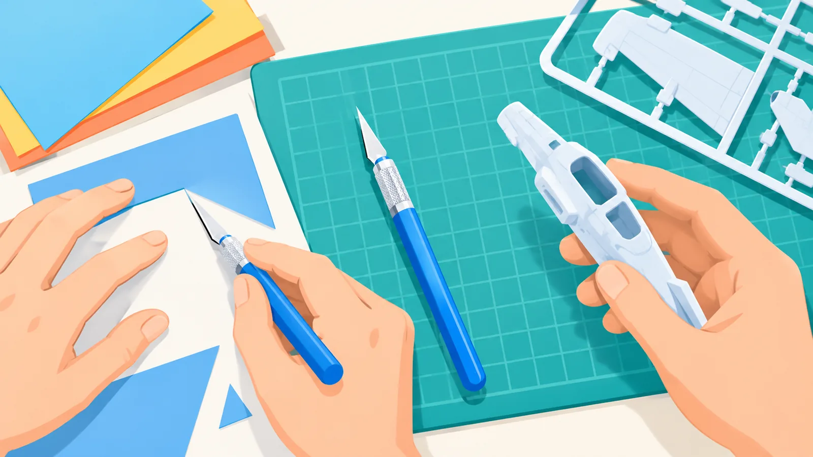 Hai bàn tay cắt giấy thủ công và cầm chi tiết mô hình nhựa cạnh một con dao hobby