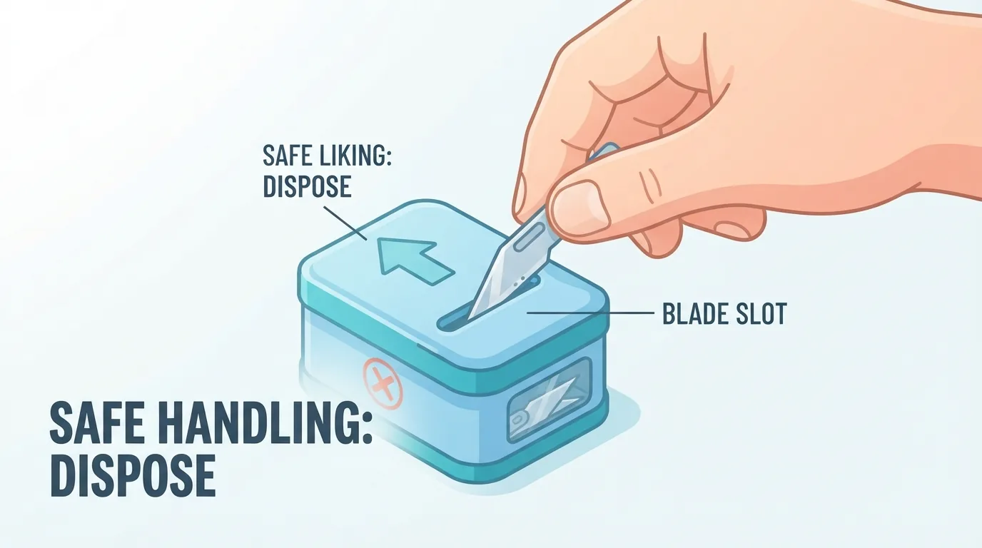Bàn tay cho lưỡi dao đã dùng vào hộp đựng lưỡi một cách an toàn