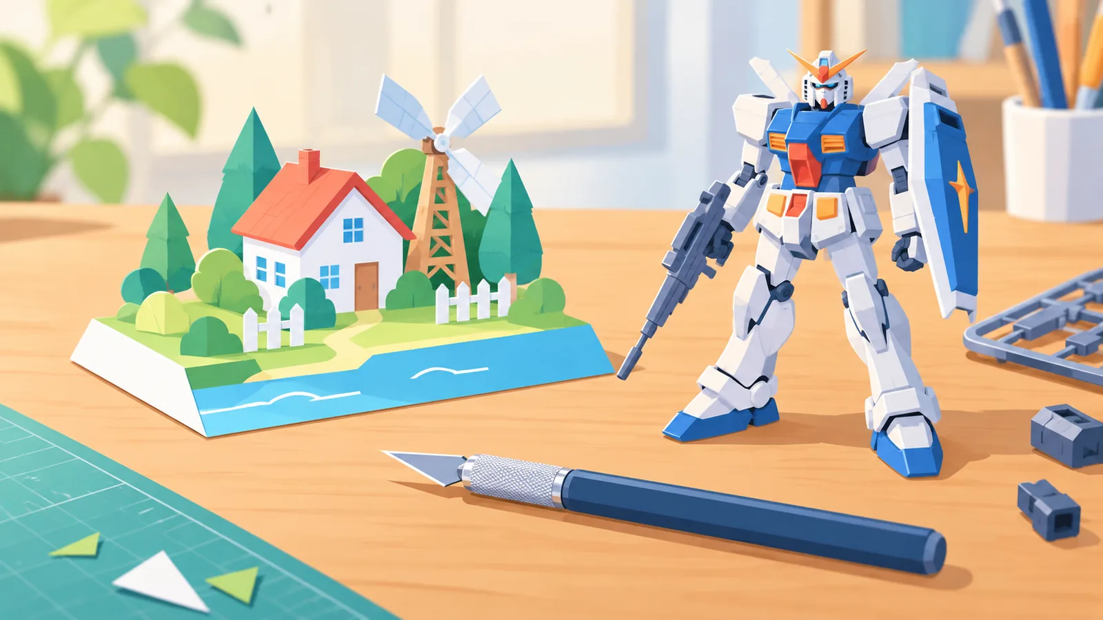 Sản phẩm giấy thủ công và mô hình nhựa hoàn thiện đặt cạnh dao hobby
