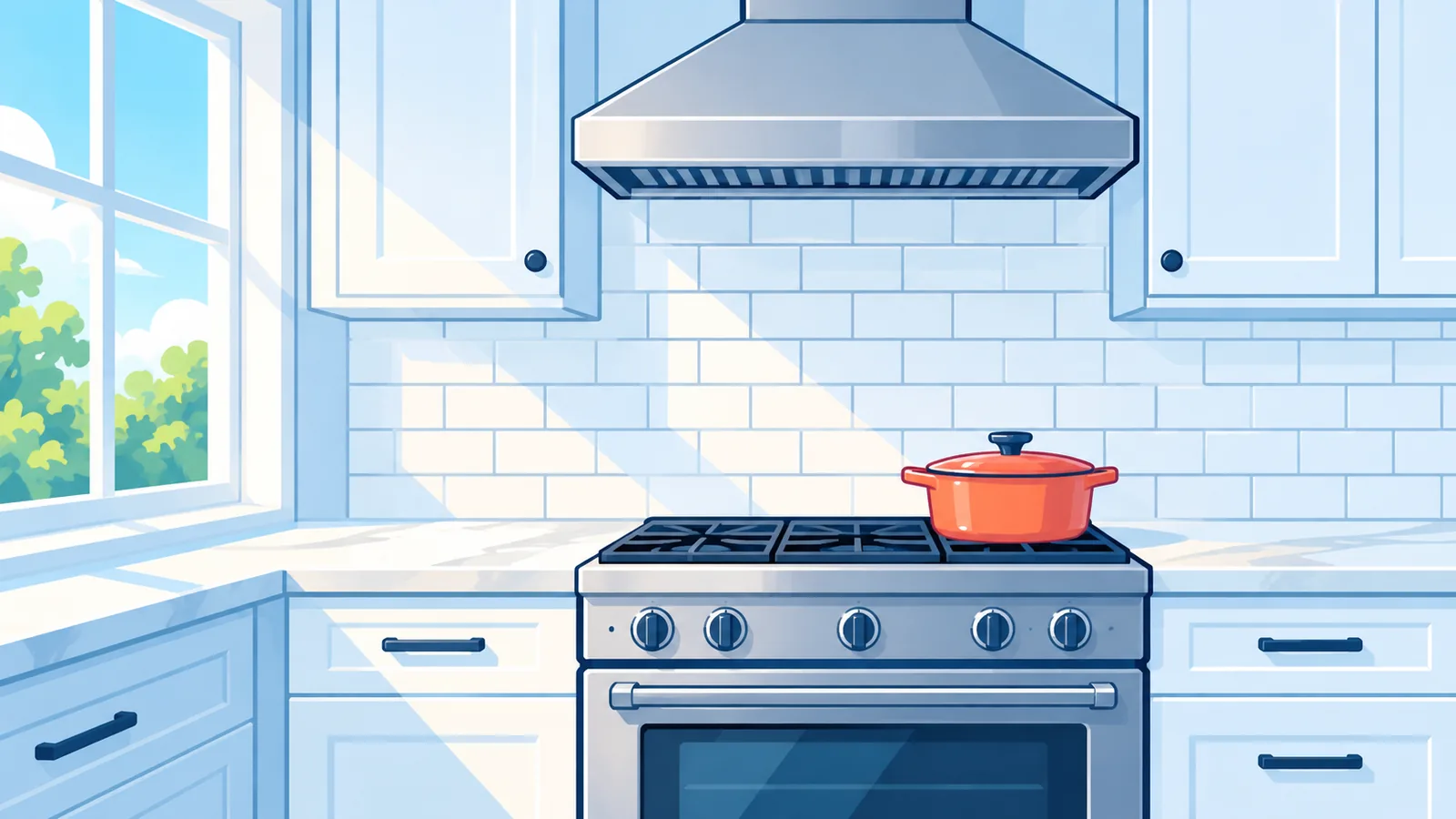 Căn bếp sáng với phần backsplash gạch subway trắng đã hoàn thiện sau bếp nấu