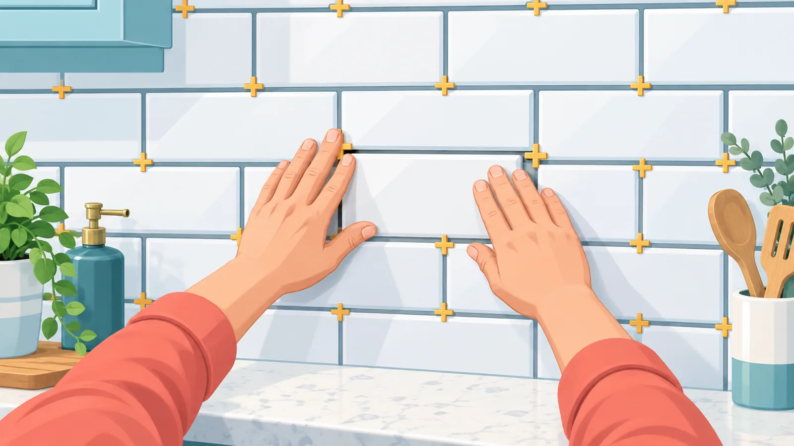Áp viên gạch lên tường với nẹp cữ cách giữ khe đều nhau