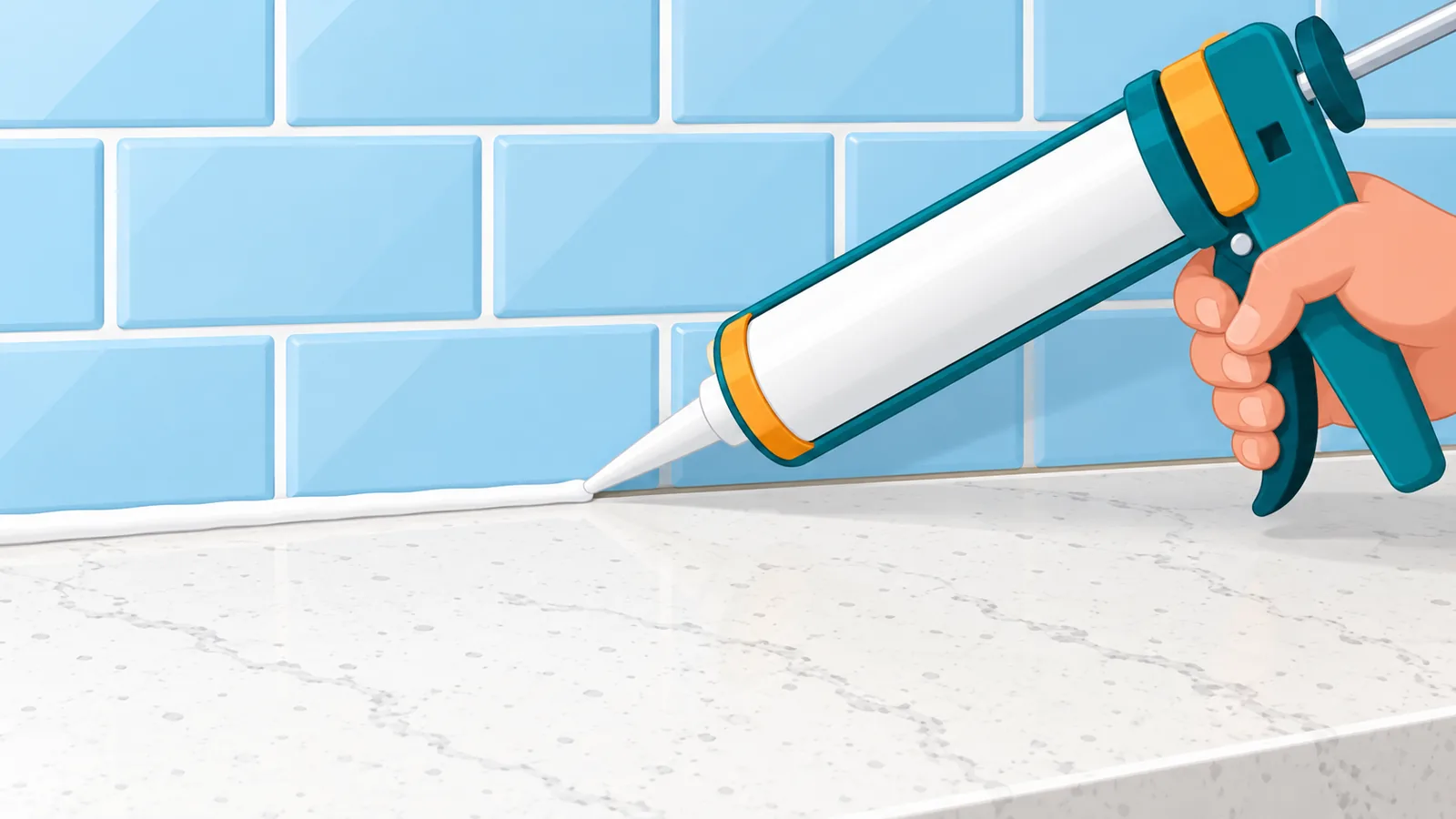 Trám silicone vào khe giữa mặt bàn bếp và chân backsplash gạch