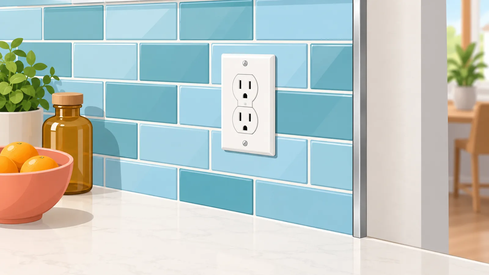 Backsplash hoàn thiện với nẹp kim loại ở mép gạch và nắp ổ cắm đã lắp lại