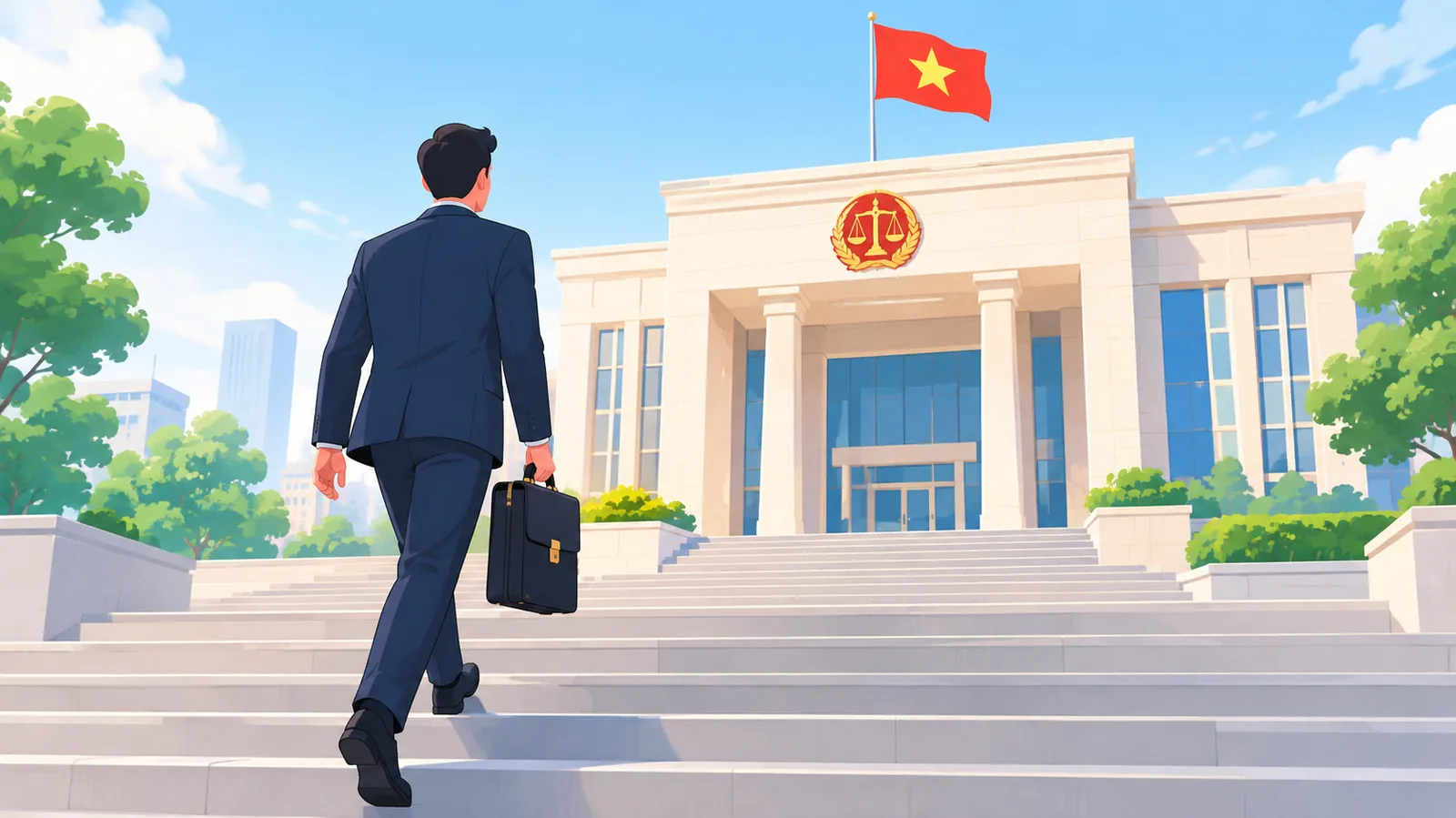 Luật sư bước lên bậc thềm tòa án vào buổi sáng
