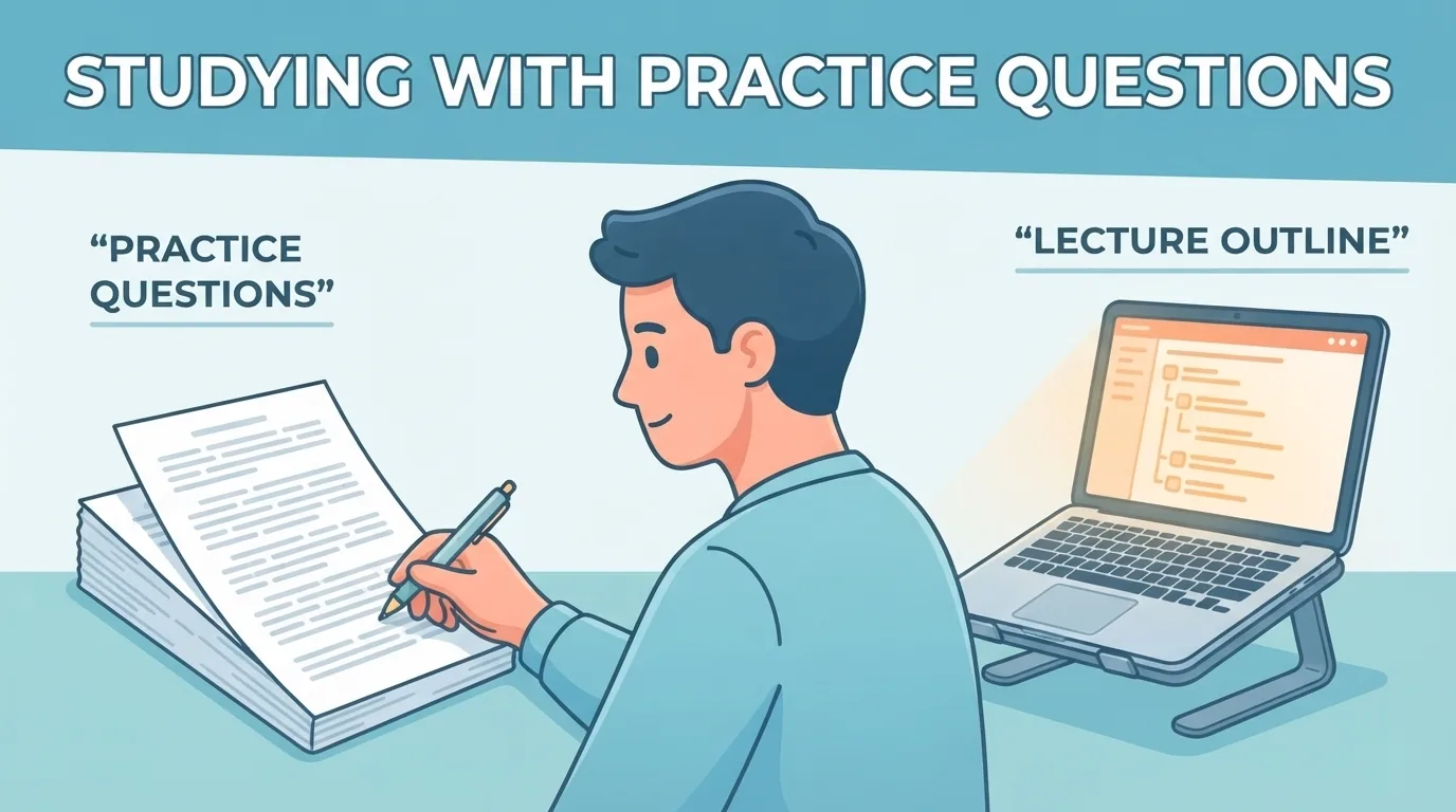 Sinh viên làm đề luyện tập bên cạnh laptop mở outline