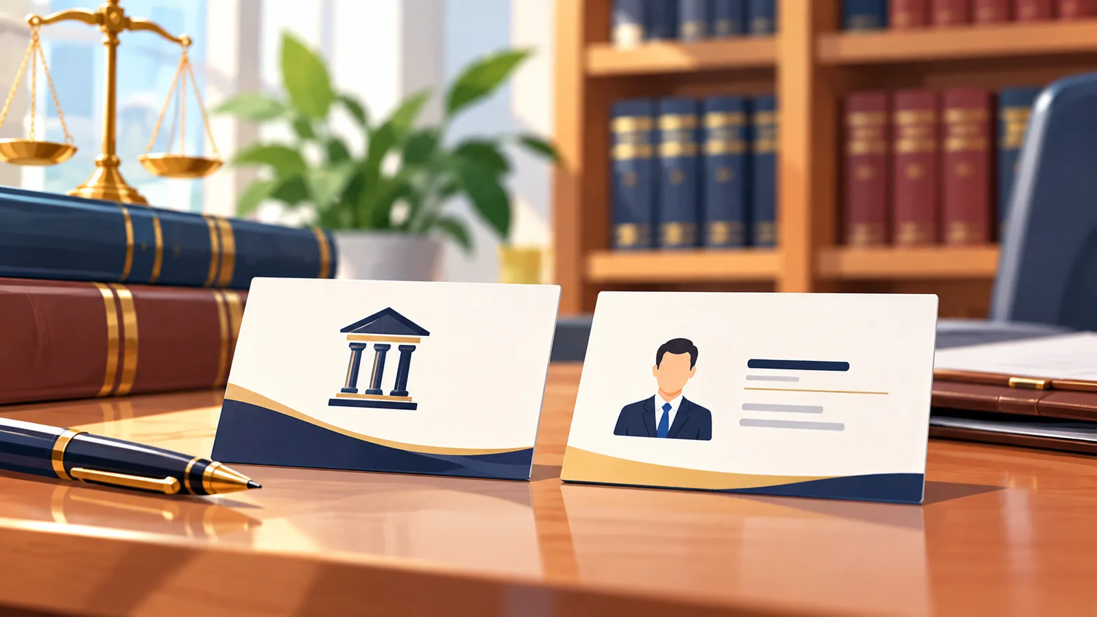 Hai danh thiếp đặt cạnh nhau thể hiện công ty luật và luật sư cá nhân