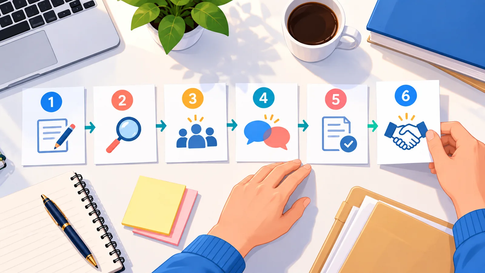 Sáu thẻ đánh số thể hiện các bước chọn luật sư