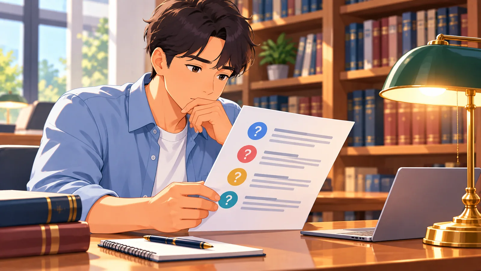 Người đọc tờ câu hỏi thường gặp trong góc thư viện yên tĩnh