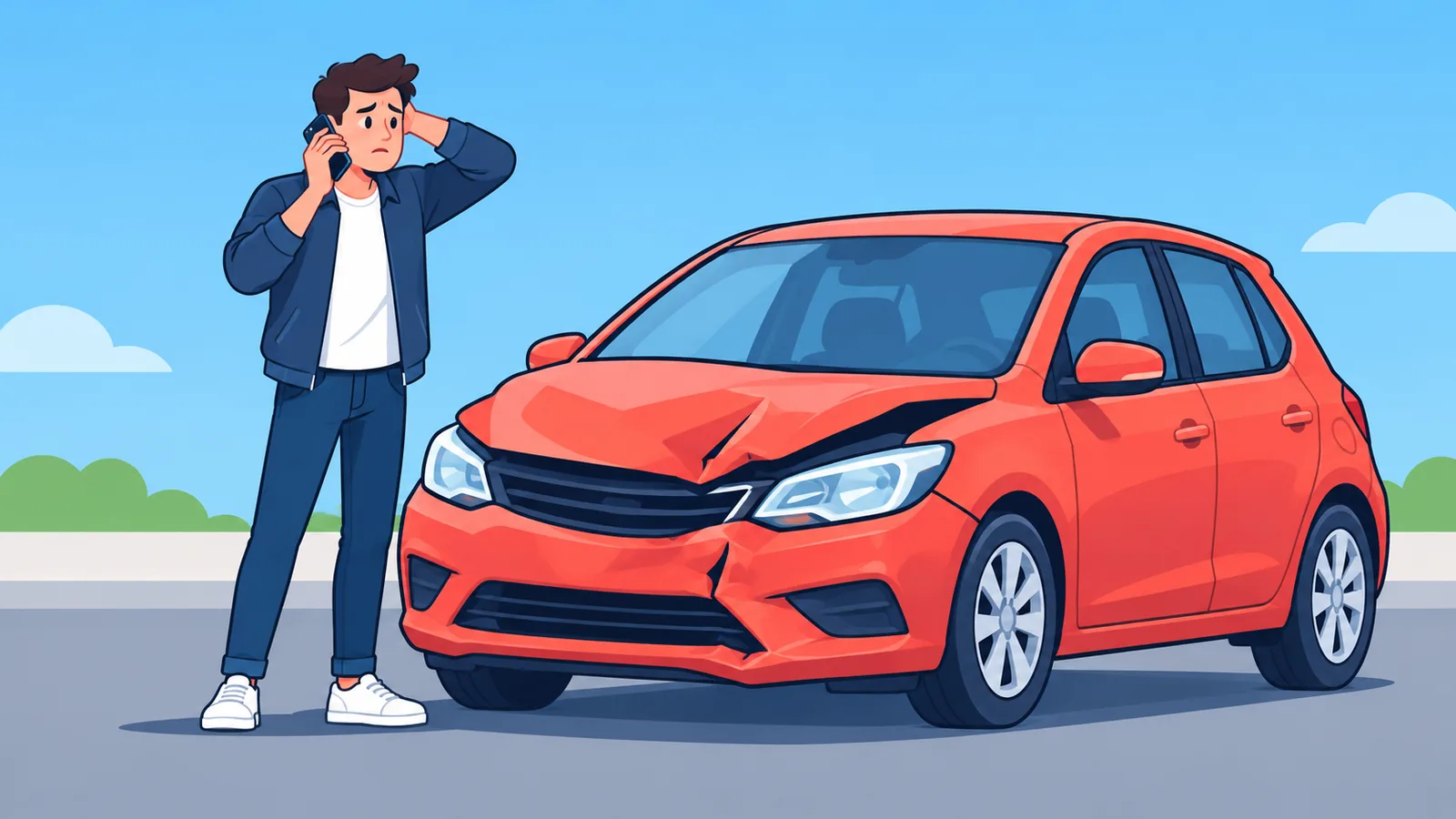 Người đứng cạnh chiếc xe hư hại bên đường và cầm điện thoại