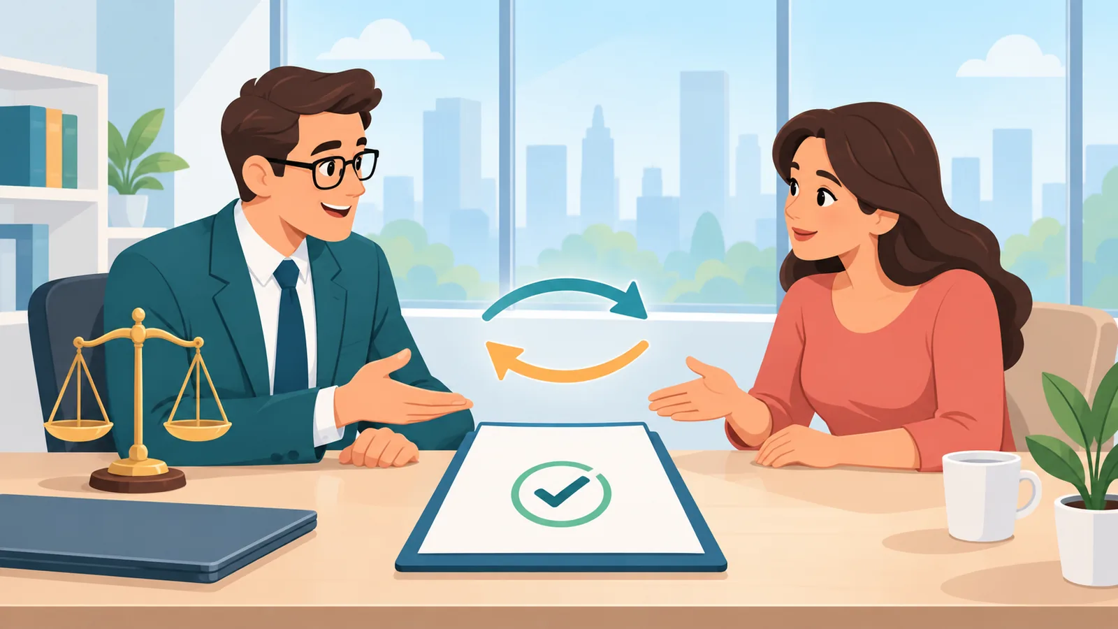 Luật sư trao đổi với khách hàng tại bàn làm việc