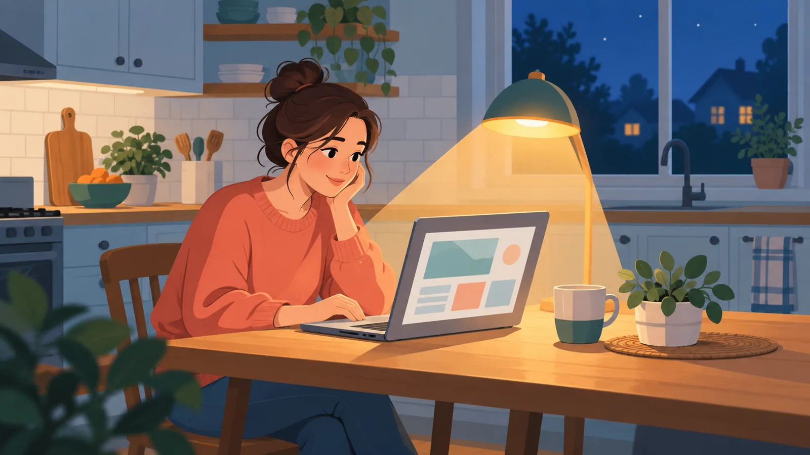 Người đọc thông tin trên máy tính xách tay vào buổi tối