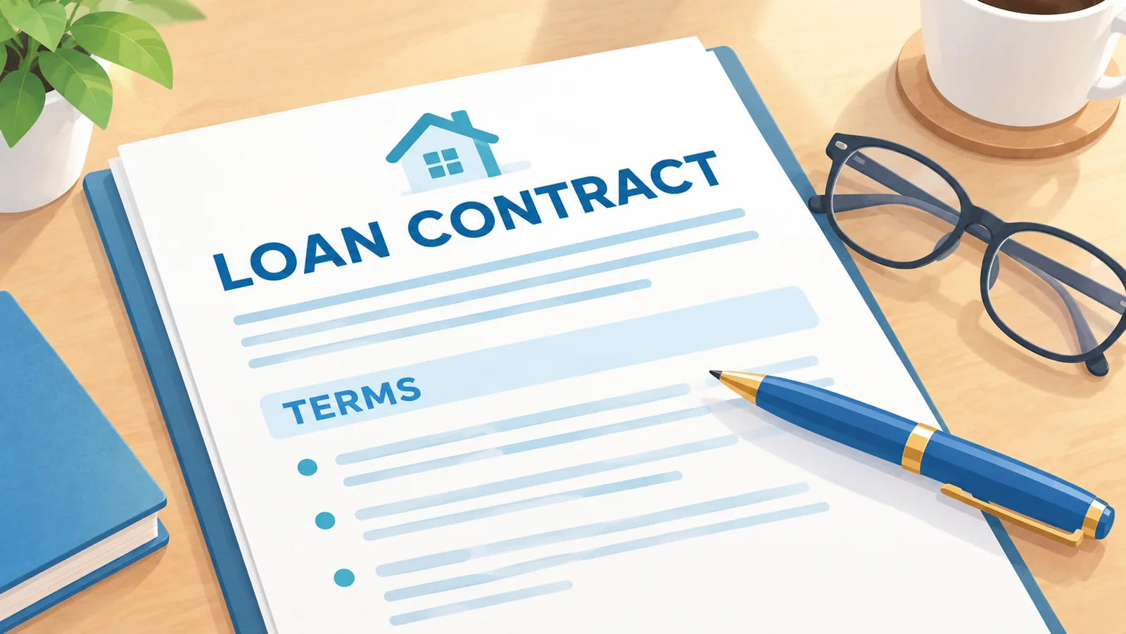 Trang hợp đồng vay với bút đặt trên phần điều khoản