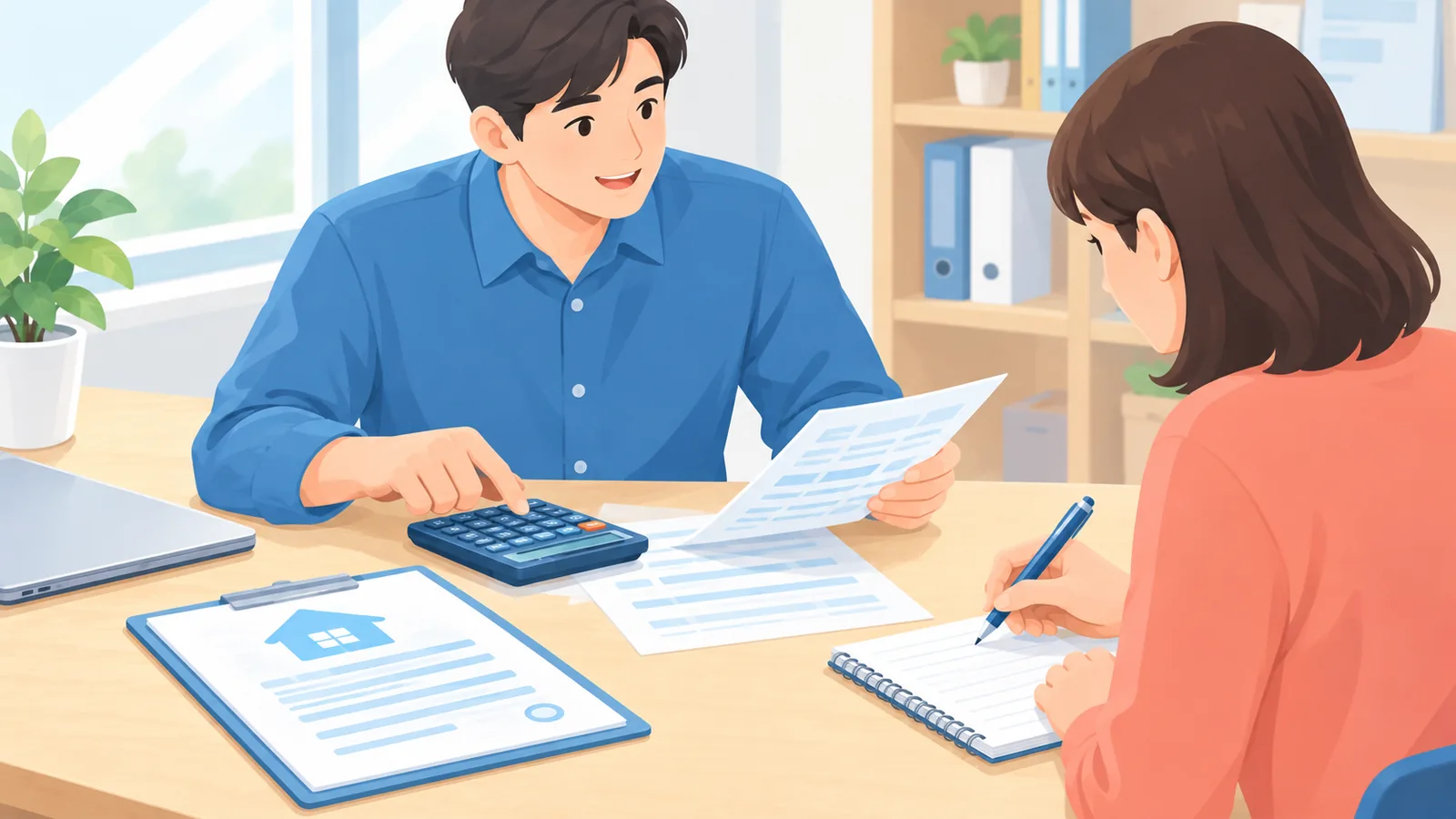 Buổi trao đổi xem giấy tờ vay và máy tính tại bàn làm việc