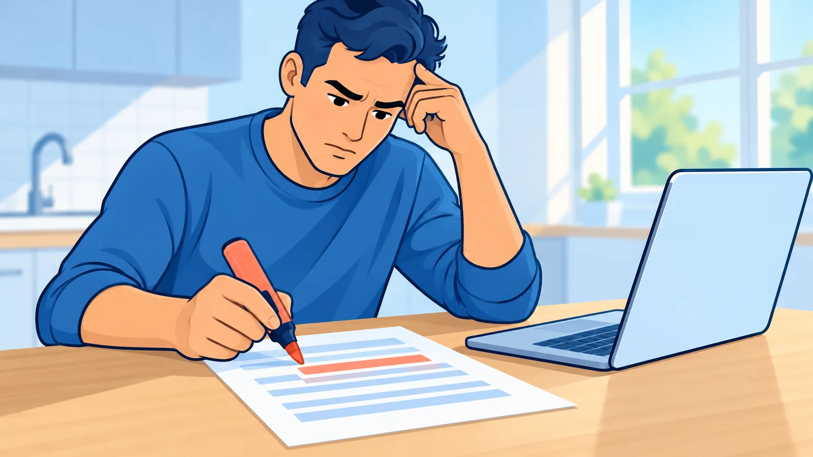 Người đang xem báo cáo tín dụng in trên bàn bếp
