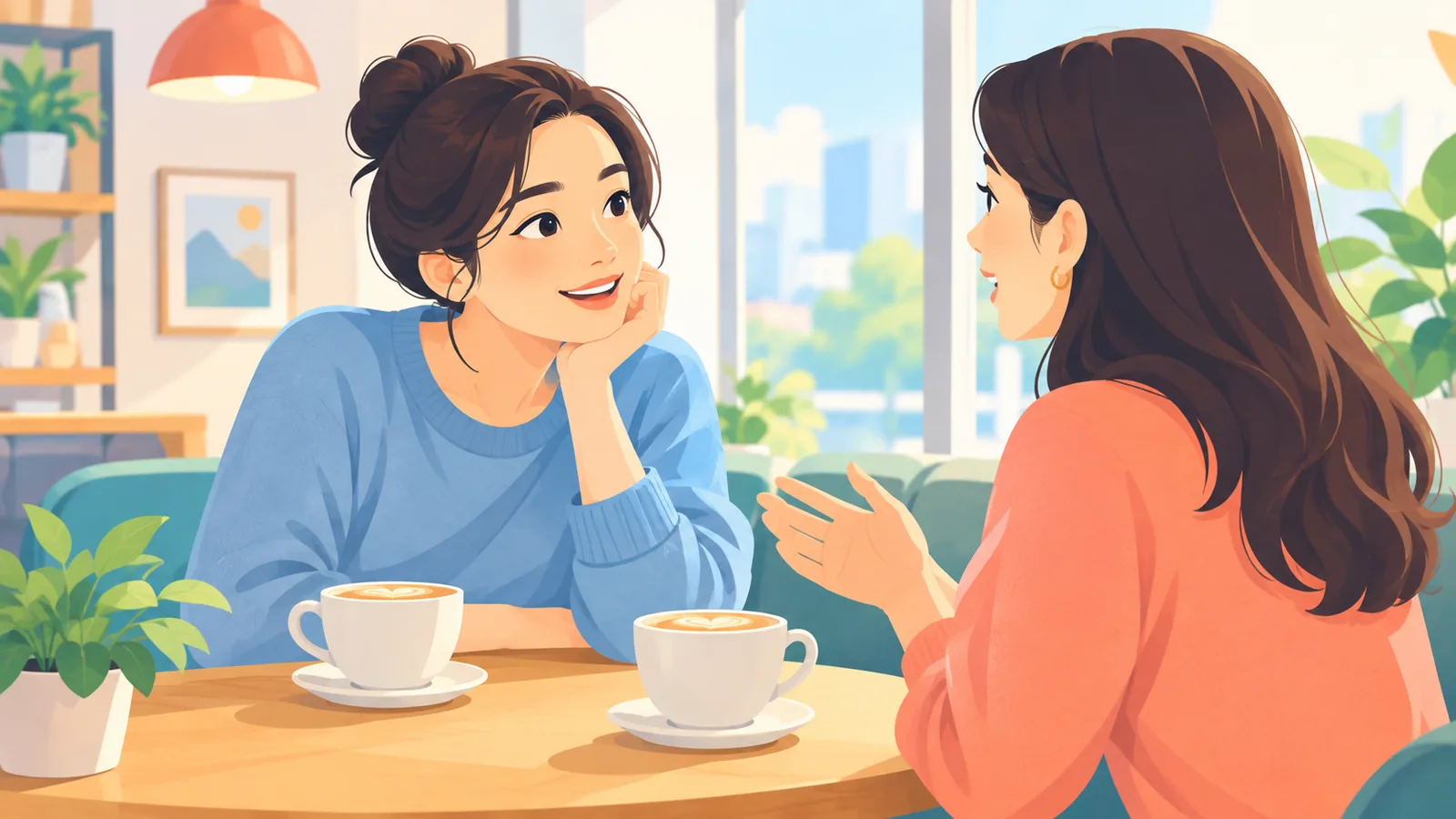 Hai người trò chuyện đều đặn bên tách cà phê