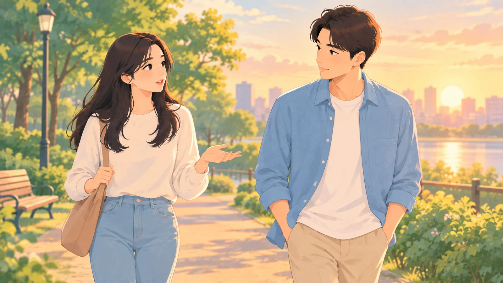 Hai người đi dạo trong công viên, tôn trọng khoảng cách của nhau
