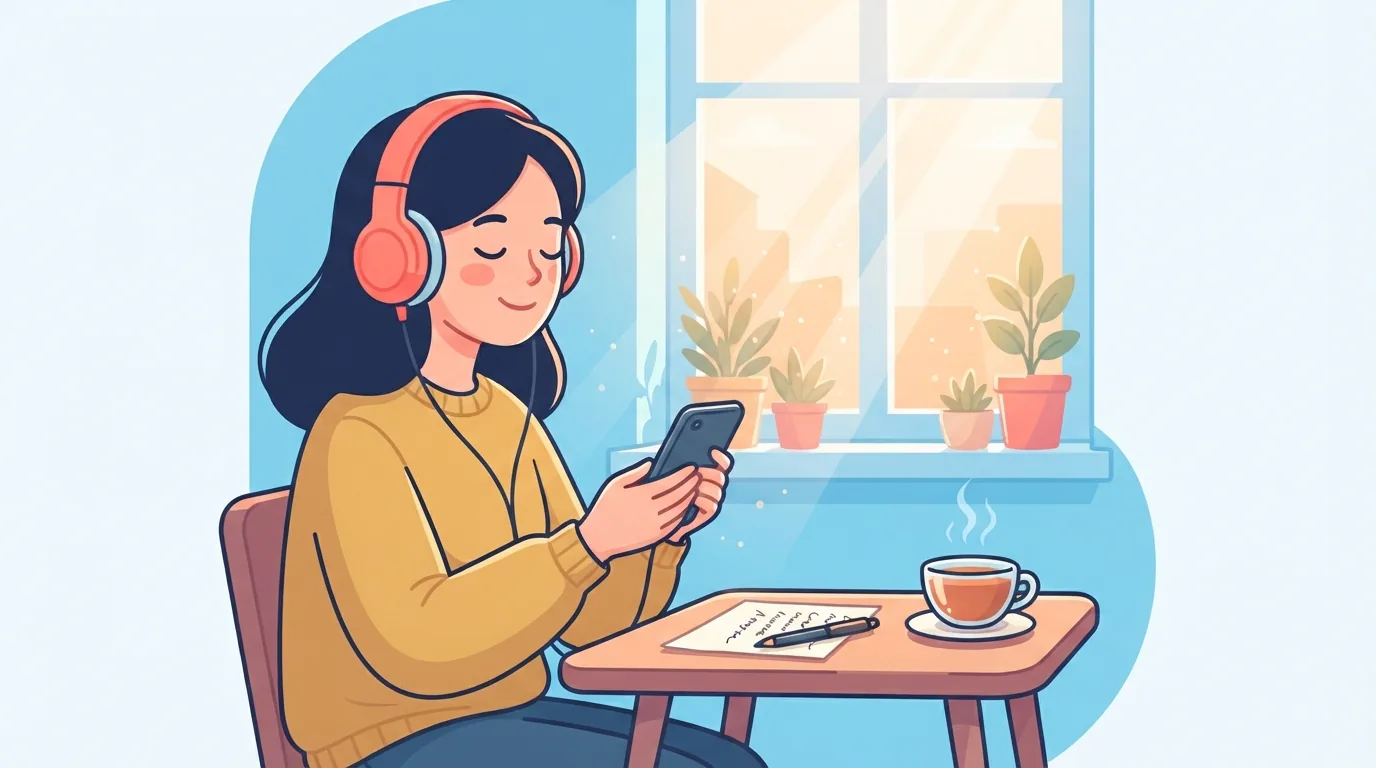 Cô gái đeo tai nghe nghe nhạc bên cửa sổ đầy nắng