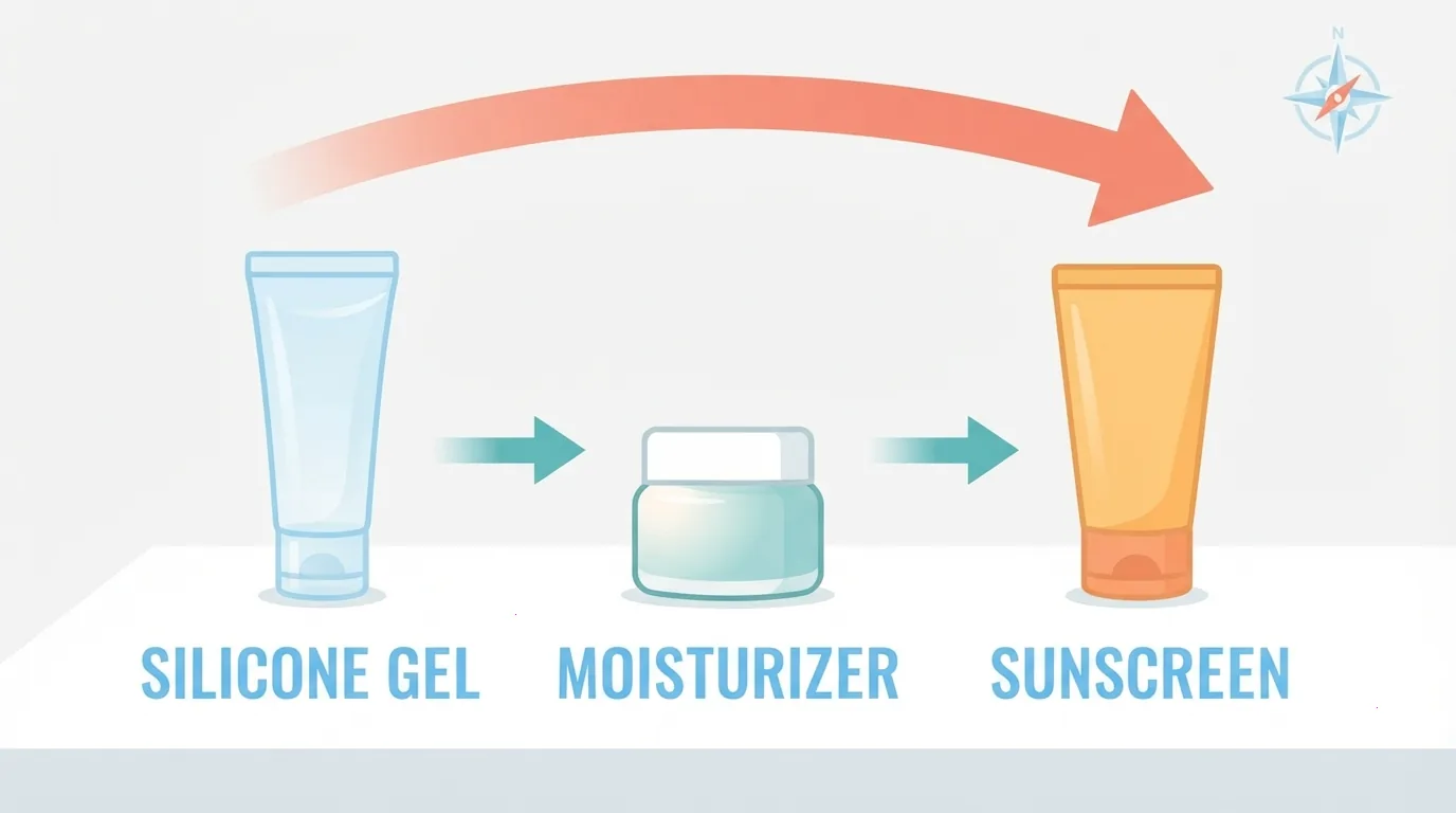 Gel silicone, kem dưỡng và kem chống nắng đặt trên mặt bàn trắng