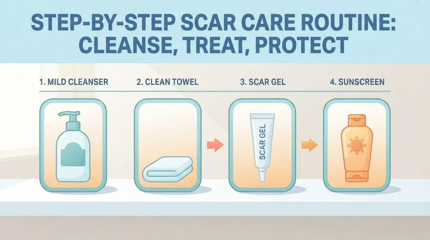 Các vật dụng chăm sóc sẹo xếp theo thứ tự trên kệ phòng tắm