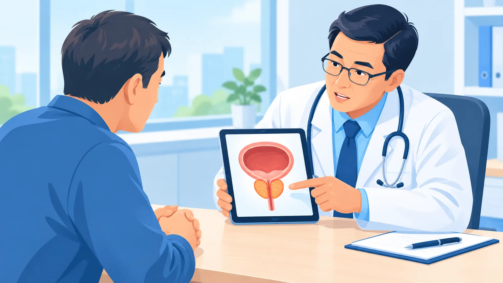Bác sĩ tiết niệu giải thích về tuyến tiền liệt cho người bệnh tại phòng khám