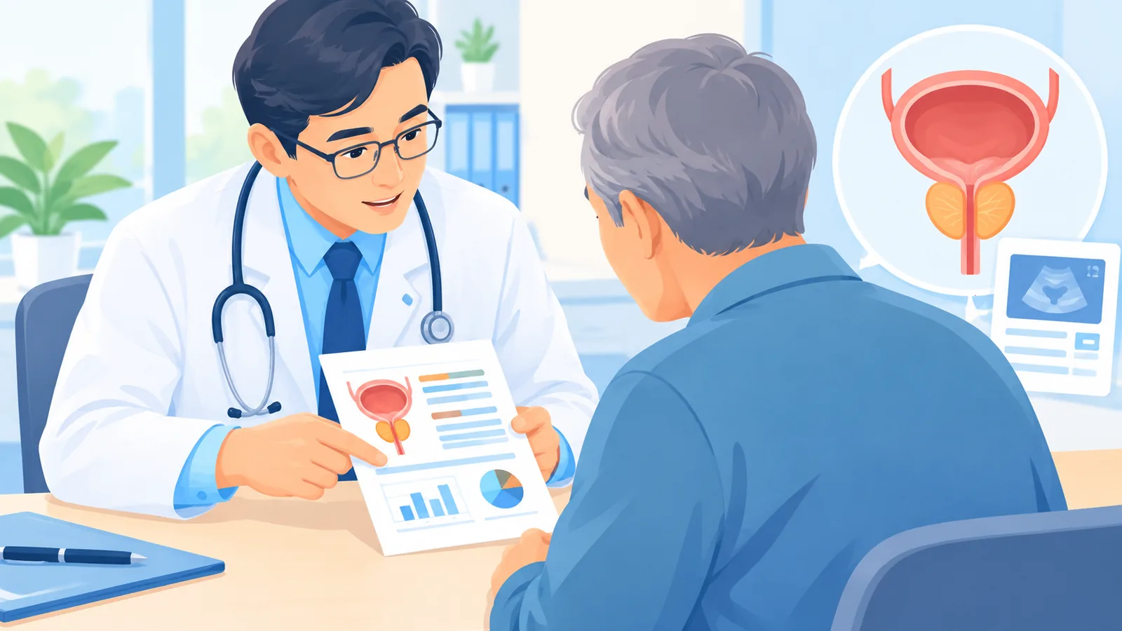 Bác sĩ và người bệnh cao tuổi cùng xem kết quả thăm khám