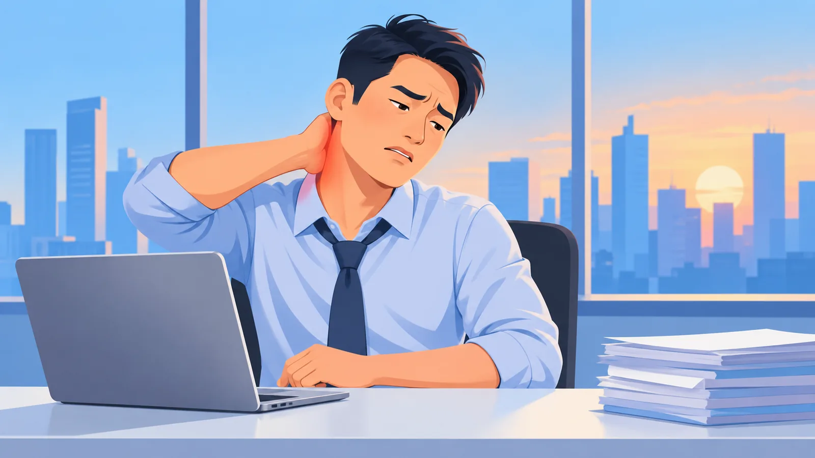 Người đi làm văn phòng xoa vai gáy mệt mỏi bên bàn làm việc