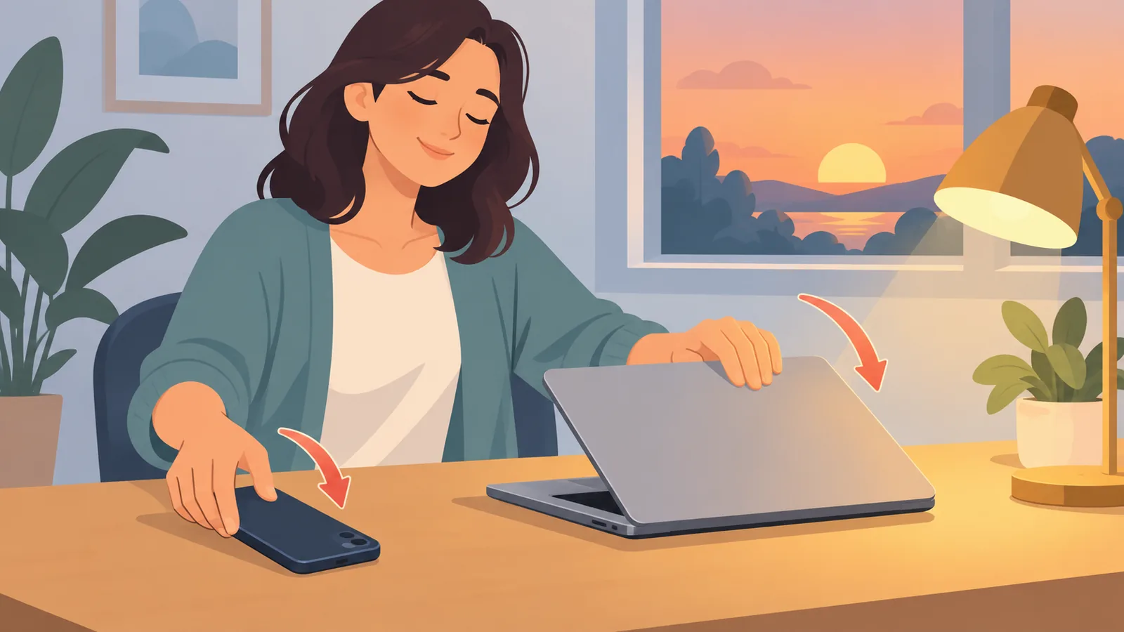 Người úp điện thoại xuống bàn và gập laptop kết thúc ngày làm việc