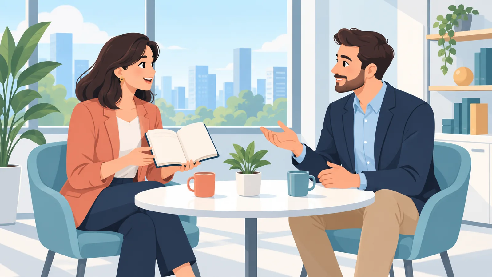 Nhân viên trao đổi một-một với quản lý trong phòng họp nhỏ