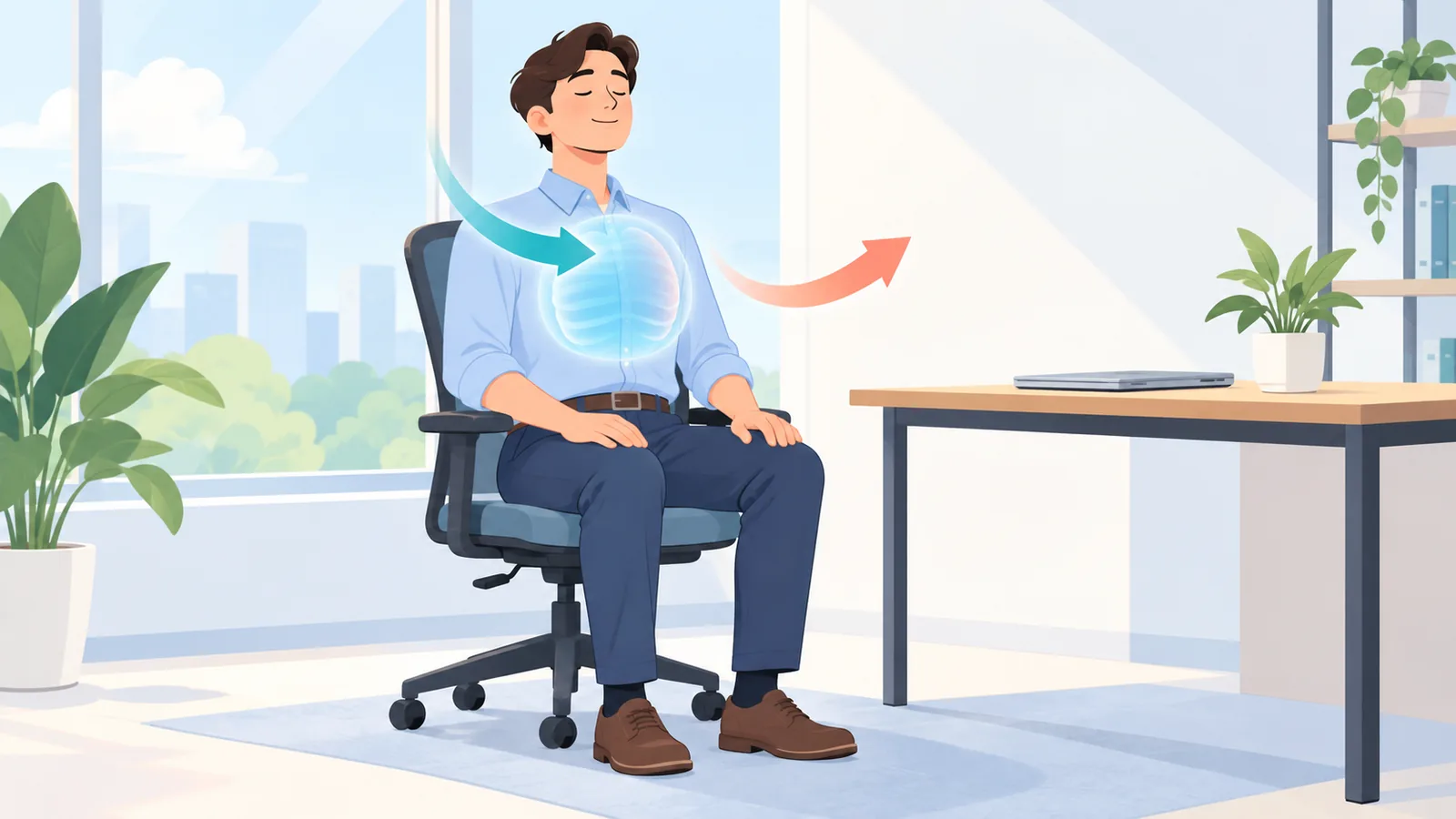 Người nhắm mắt hít thở chậm tại bàn làm việc