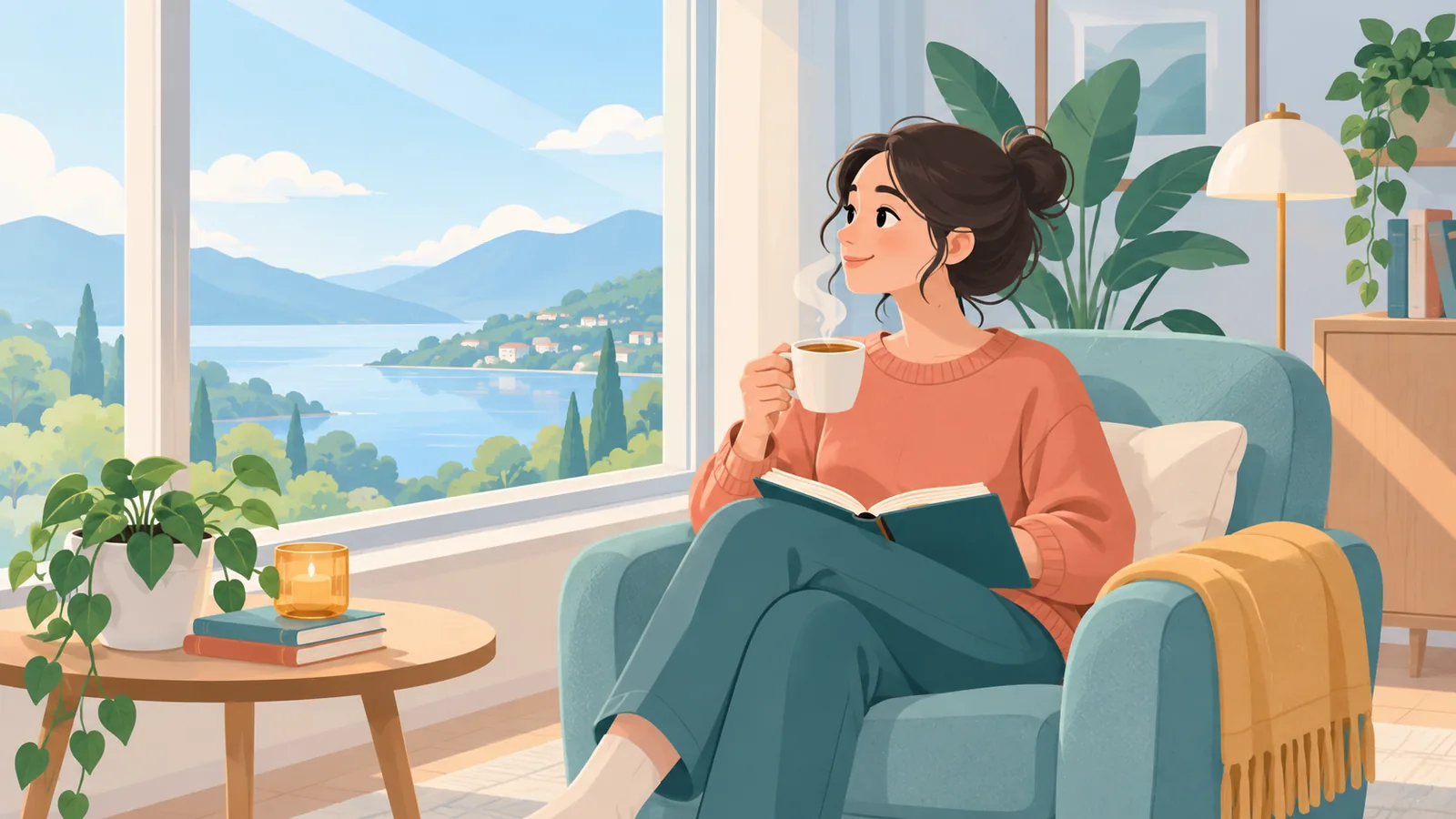 Người ngồi suy nghĩ bên cửa sổ với tách cà phê