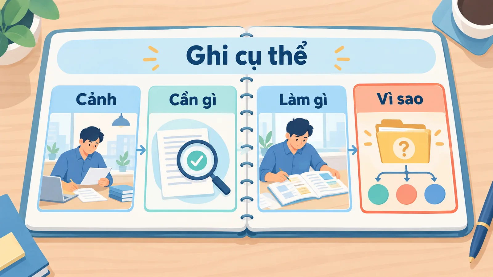 Bốn ô ghi chép giúp xem lại tình huống, điều mình coi trọng, hành động đã làm và một lý do khác có thể giải th