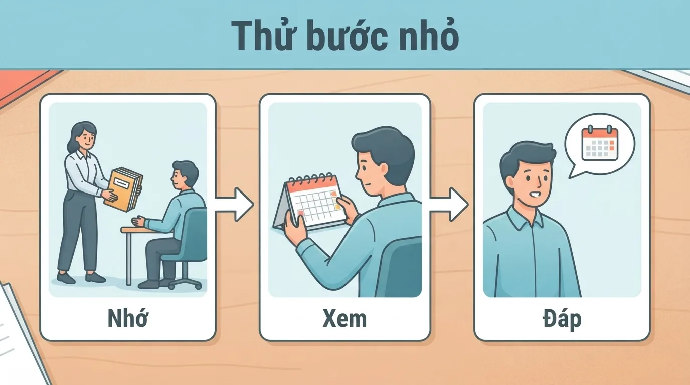 Từ tình huống được nhờ việc, chọn thử một hành động nhỏ: xem lịch trước khi trả lời.