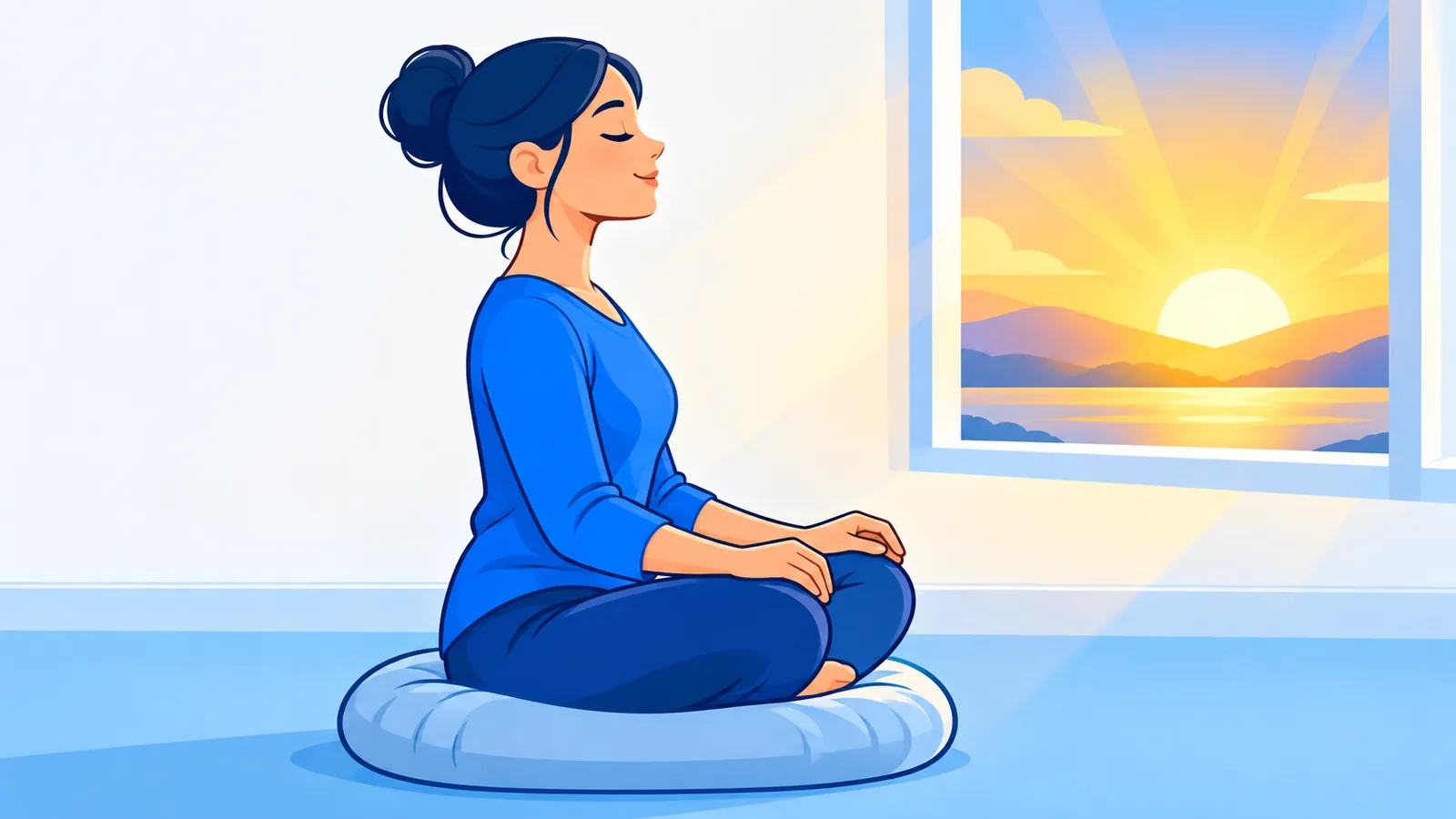 Người ngồi thiền yên tĩnh bên cửa sổ trong ánh nắng sớm
