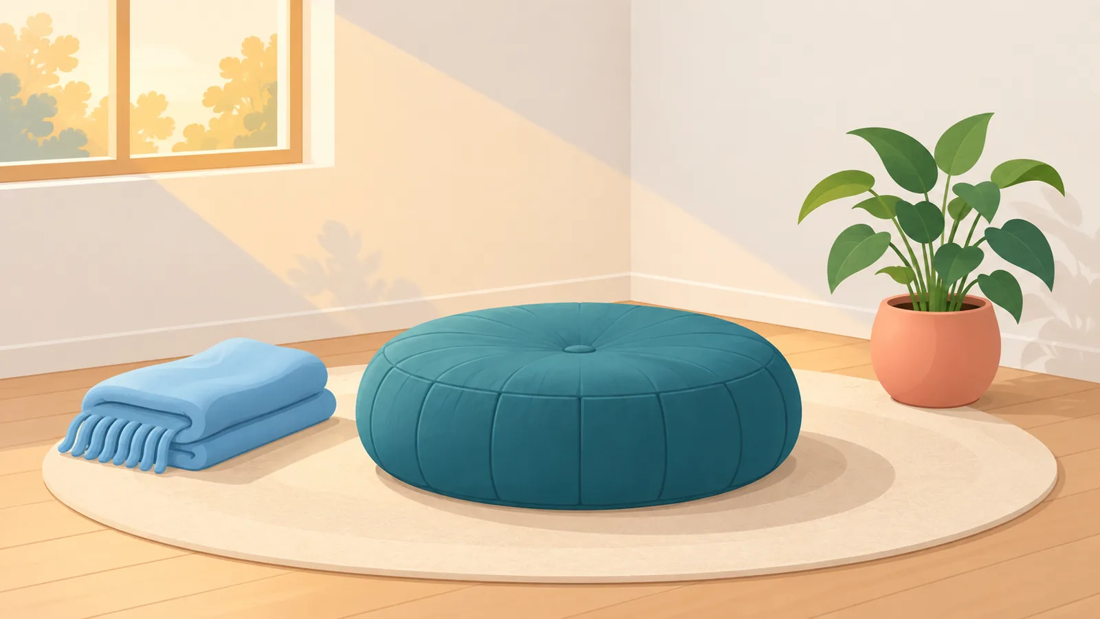 Góc thiền nhỏ gọn với đệm ngồi và ánh sáng dịu