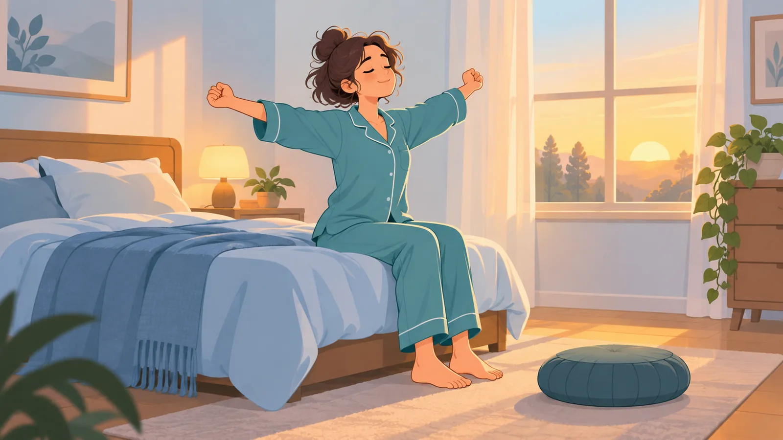 Người ngồi dậy vươn vai trước khi thiền buổi sáng