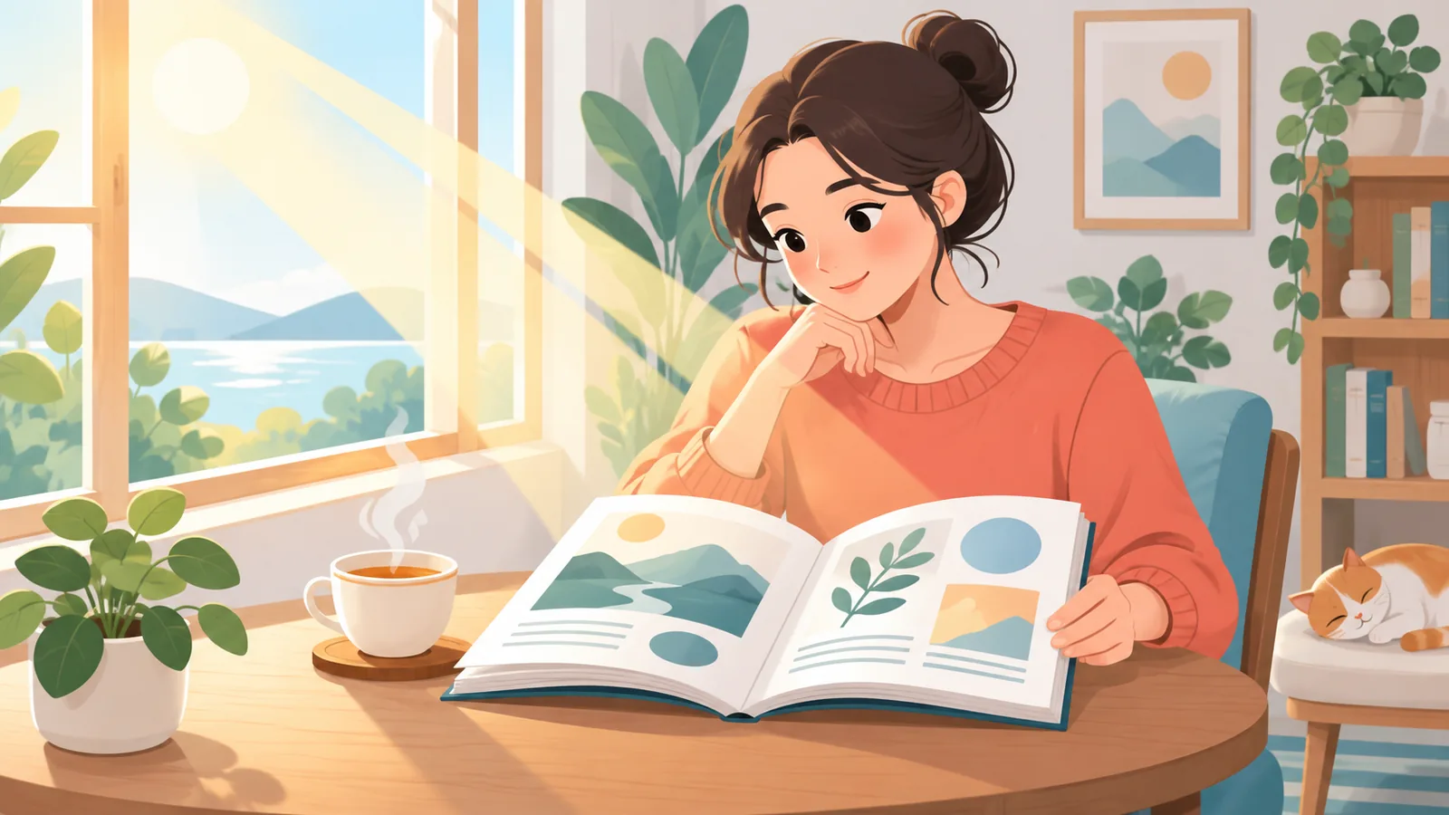 Người đọc hướng dẫn thiền trên bàn trà buổi sáng