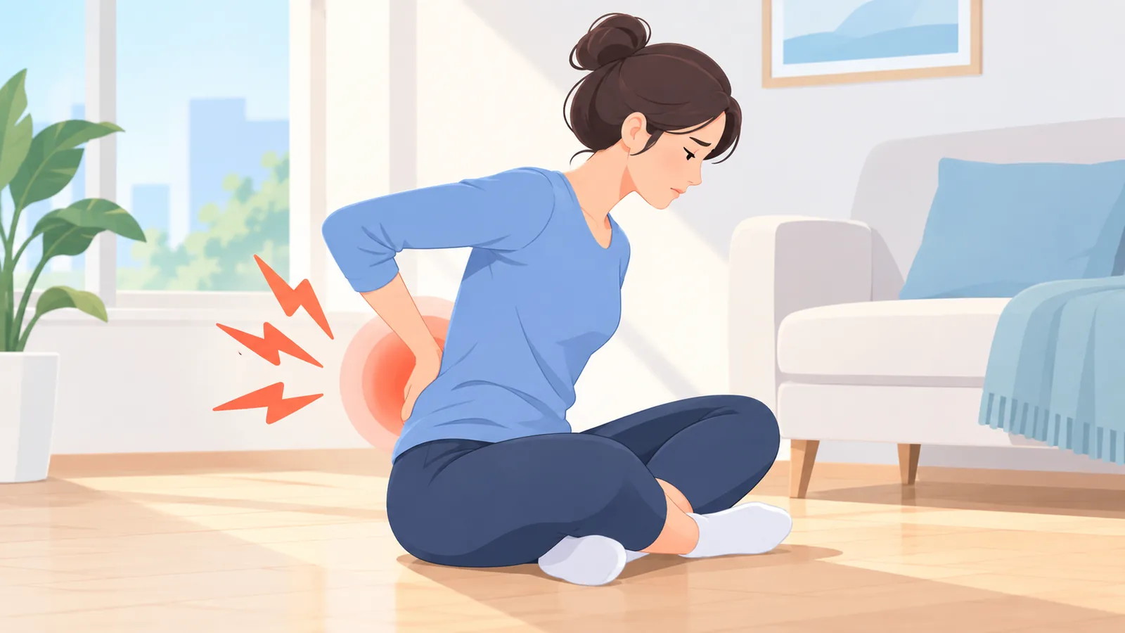 Người mới ngồi thiền xếp chân trên sàn gỗ, lưng dưới hơi gồng