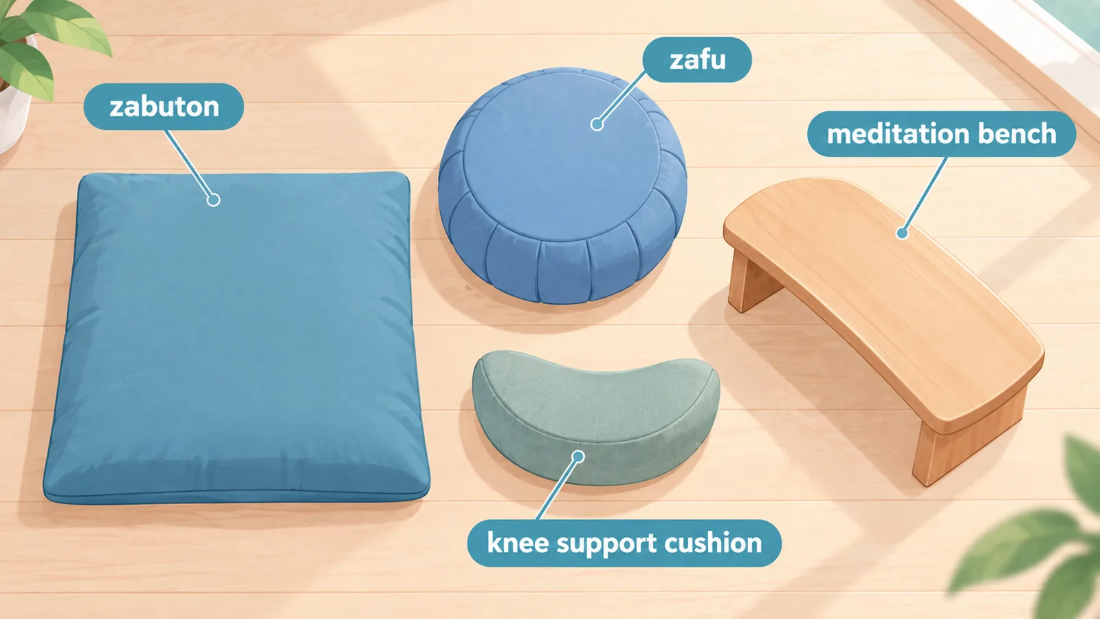 Các loại đệm thiền gồm zafu, zabuton, đệm kê gối và ghế quỳ