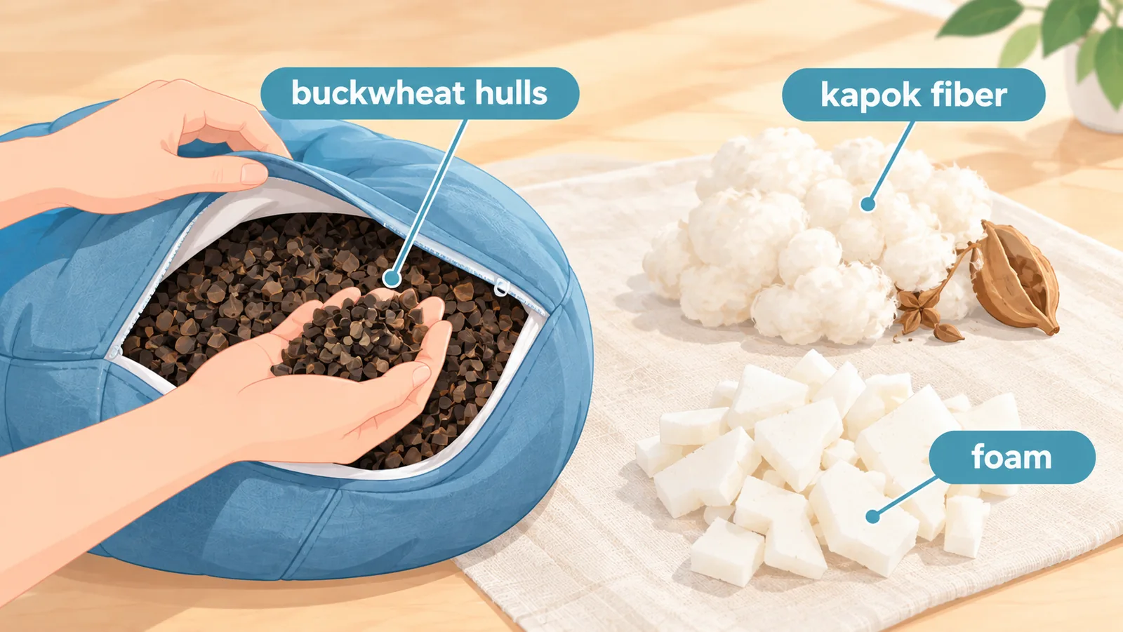 Bàn tay lấy vỏ kiều mạch từ đệm bên cạnh bông kapok và mút