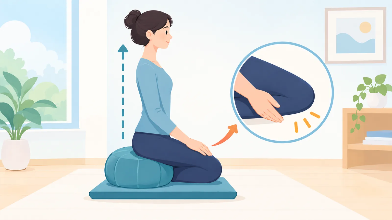 Người ngồi trên rìa zafu tự kiểm tra độ cao đệm phù hợp