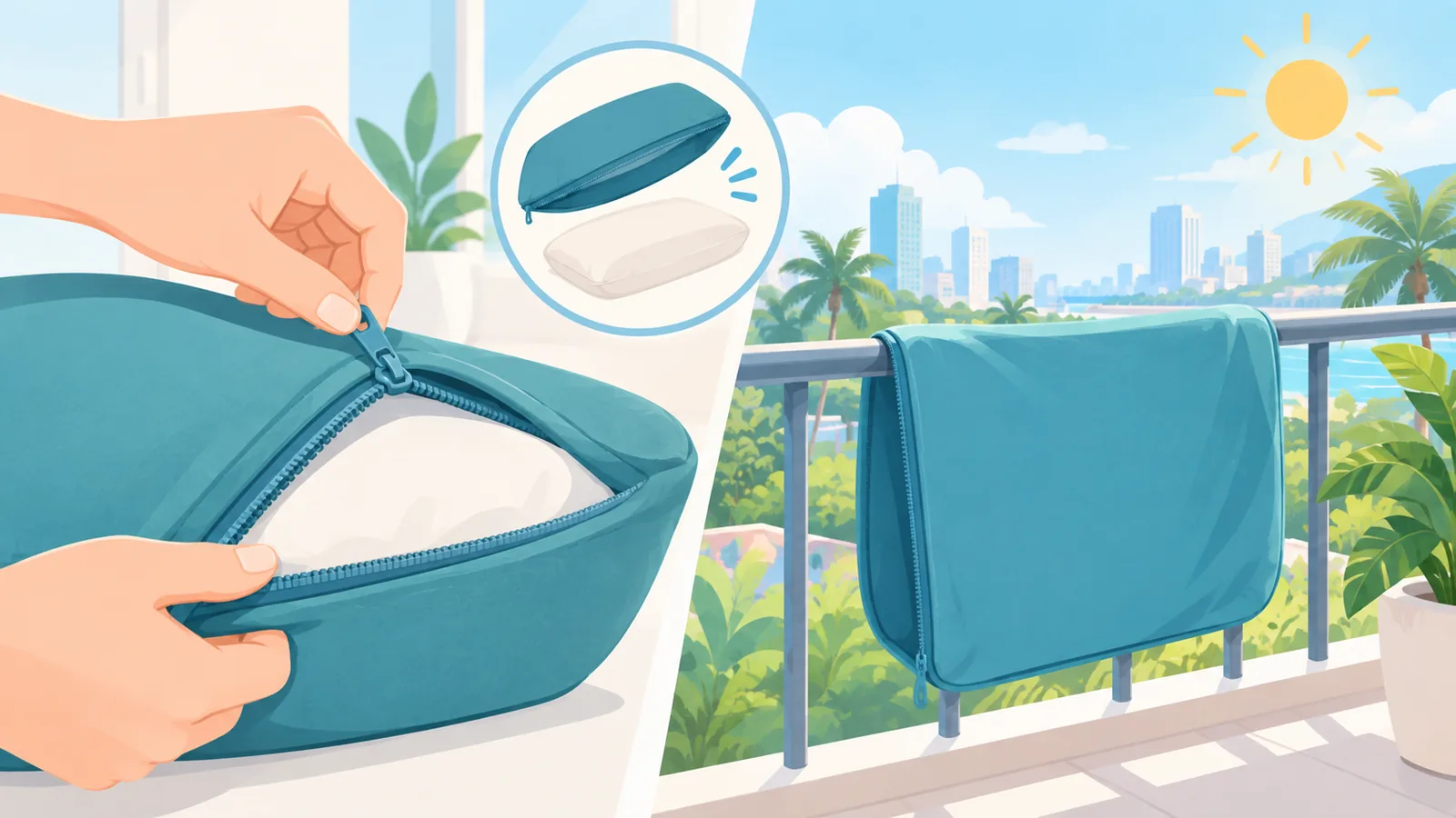 Tháo vỏ đệm thiền bằng khóa kéo và phơi đệm ở nơi thoáng
