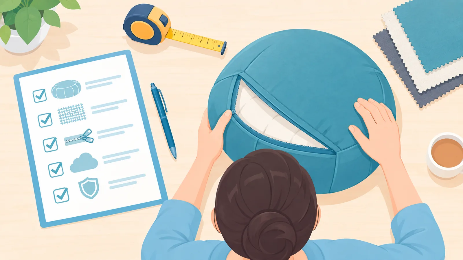 Bàn làm việc với checklist chọn mua đệm thiền