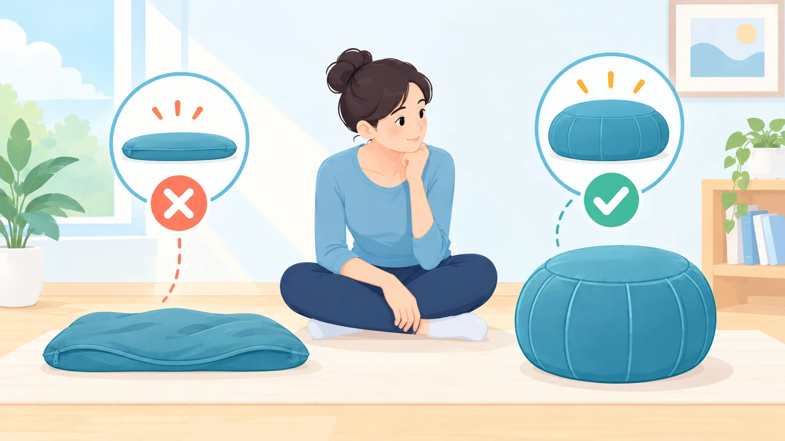 So sánh đệm bị xẹp với zafu đầy đặn
