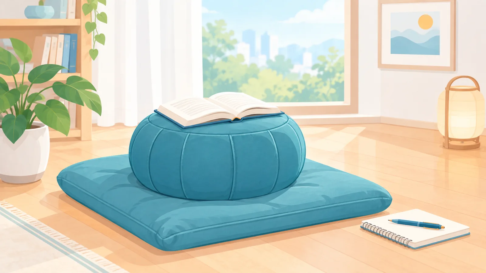 Góc thiền tại nhà với zafu, zabuton và cây nhỏ