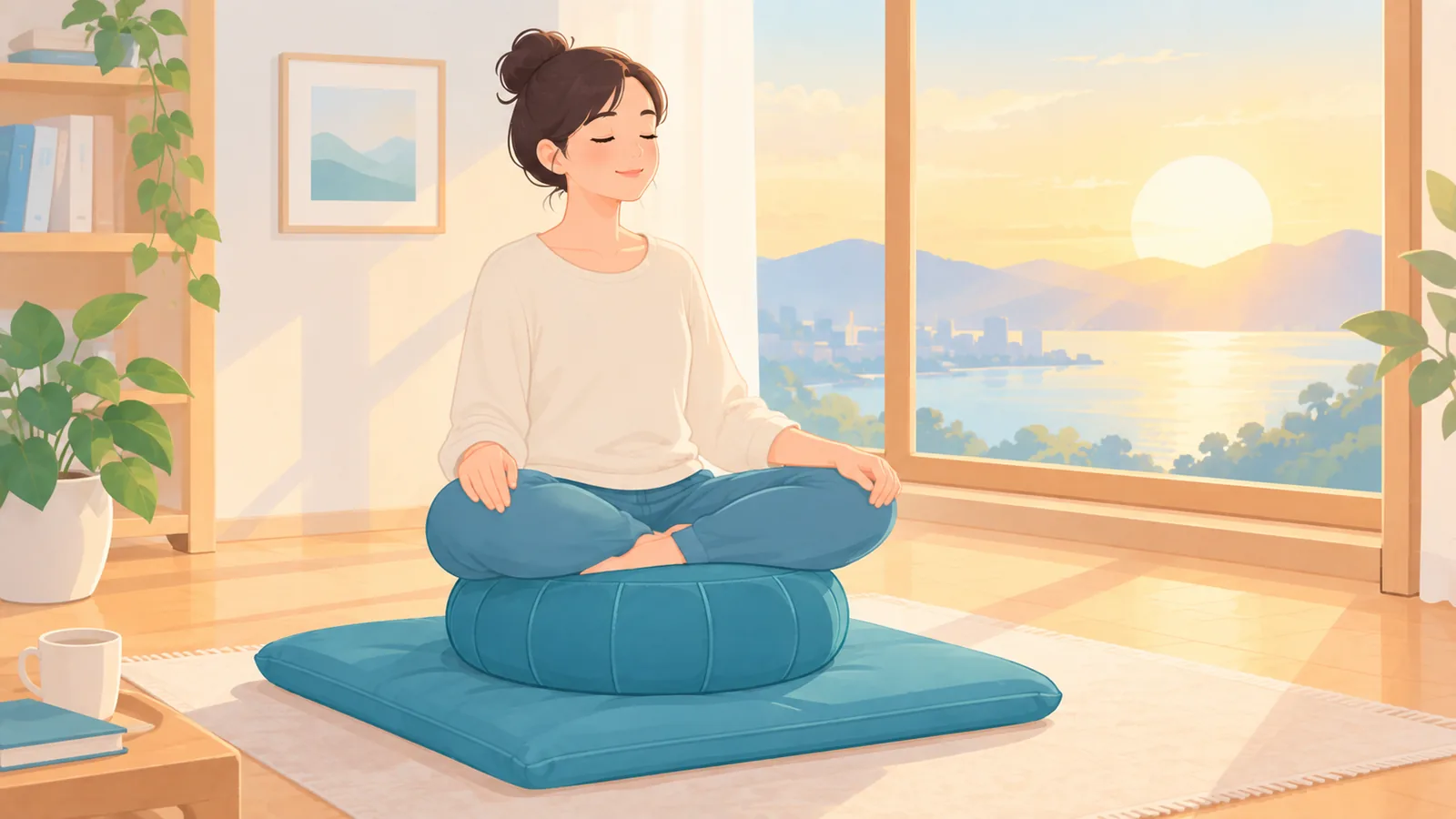 Người ngồi thiền thoải mái trên zafu và zabuton lúc bình minh