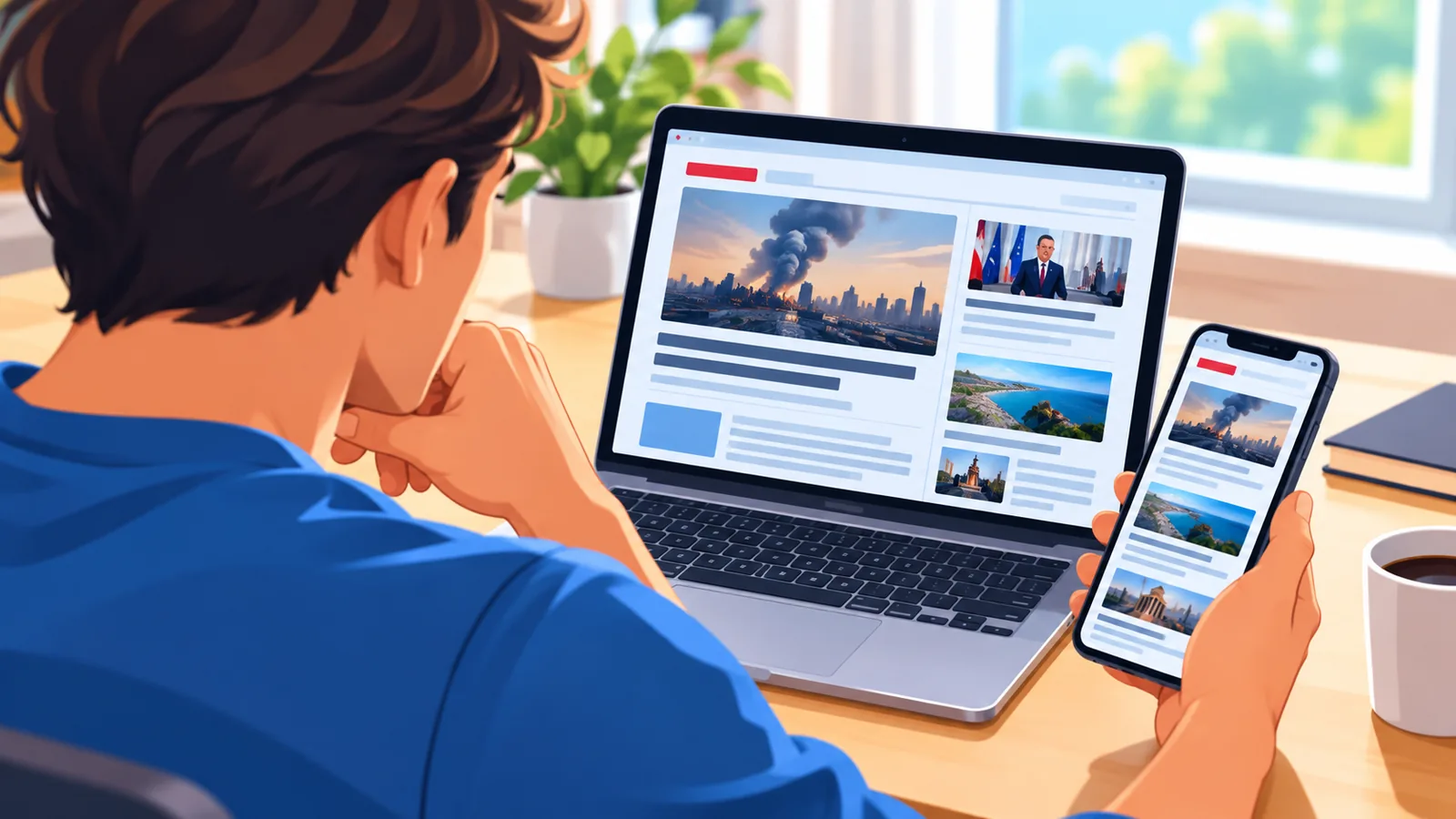 Người ngồi bàn so sánh nhiều trang tin trên laptop và điện thoại